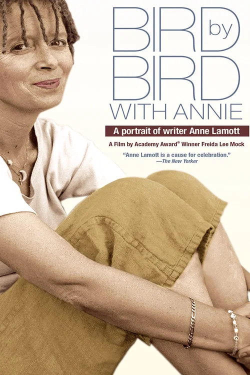 The poster features a warm, earthy tone with muted browns and soft greens. A woman with short hair gazes softly at the viewer, exuding calm and introspection. The title "Bird by Bird" is elegantly displayed in large, white letters, while "with Annie" appears below in a smaller font. The overall m...