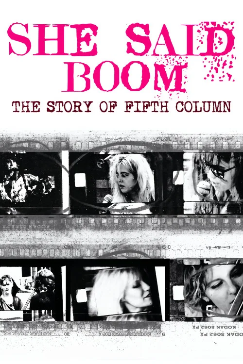 The poster features bold pink and black typography against a grainy, sepia-toned film strip background. It captures a tense, dramatic mood with close-up portraits of women in various emotional states—some smiling, others looking distressed. The composition evokes a sense of historical drama and i...