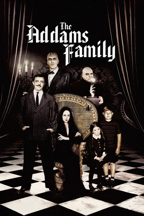This black-and-white poster features three characters against a dark curtain backdrop. The mood is eerie and mysterious, with the Addams family members exuding their iconic grumpy and gothic charm. The poster captures the essence of the show's dark humor and supernatural elements.