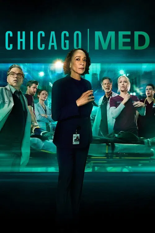 The poster features a central figure in a dark uniform against a backdrop of medical professionals in scrubs, with the title "Chicago Med" prominently displayed in teal. The scene conveys a serious, professional atmosphere with a mix of intense focus and camaraderie among the cast.