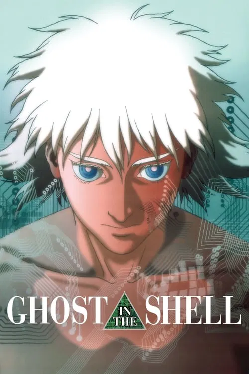 The poster features a striking anime-style character with voluminous white hair and piercing blue eyes, exuding a mysterious aura. The background is a soft gradient of teal and blue hues, creating a dreamlike atmosphere. The title "GHOST IN THE SHELL" is prominently displayed in bold, metallic le...