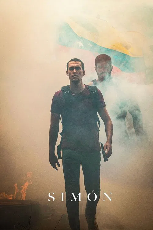 The poster features a central figure in a dark, smoky setting with a mysterious, ethereal figure behind him. The warm, golden hues create an intense and dramatic atmosphere, while the title "SIMÓN" is prominently displayed in bold, white letters.