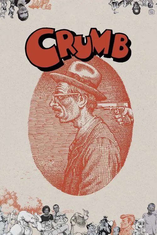 The poster features a gritty, sepia-toned illustration of a man in a hat, surrounded by smaller figures in a chaotic scene. The bold red "CRUMB" text dominates the top, evoking a sense of urban grit and rebellion. The overall mood is dark and intense, capturing the essence of the film's gritty, a...