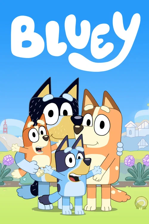 The poster features the beloved Bluey characters in a cheerful outdoor scene, with colorful houses and a bright blue sky. The playful and friendly mood is conveyed through the vibrant colors and the happy expressions of the characters.