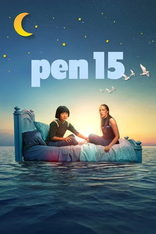 This TV show poster features two people sharing a cozy bed under a starry night sky, evoking a romantic and dreamy atmosphere. The warm sunset colors blend with the deep blue ocean below, creating a serene and intimate mood.