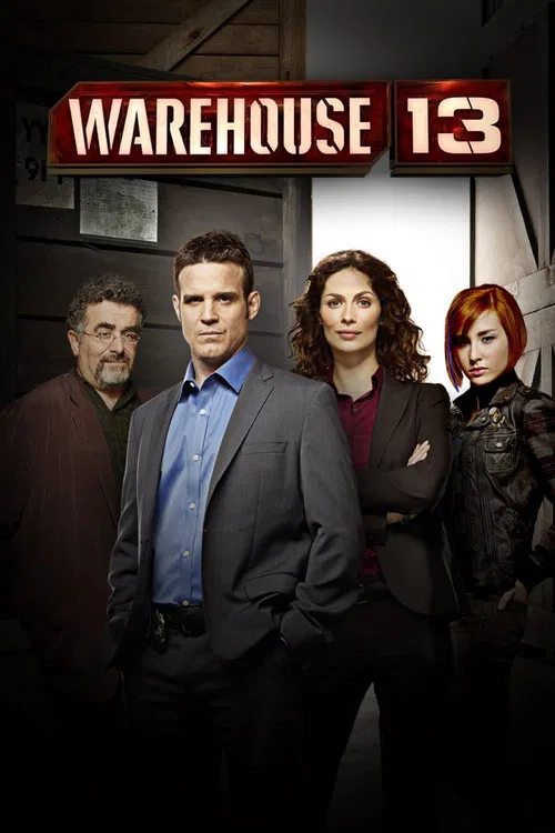 The poster features four characters in a dimly lit warehouse setting, with warm lighting highlighting their expressions and attire. The characters exude a mix of tension and camaraderie, with the central figure in a gray suit standing confidently while others stand beside him. The muted colors an...