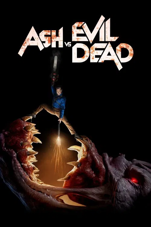 A lone figure stands atop a monstrous, open mouth, holding a glowing torch. The scene is dark with ominous red eyes, creating a suspenseful and eerie atmosphere.