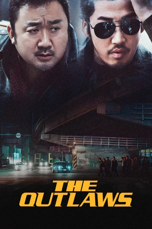 The poster features two intense men in sunglasses, one with a serious expression and the other with a more intense look. The background shows a gritty urban scene with a car and a large overpass, evoking a sense of danger and tension. The title "The Outlaws" is prominently displayed in bold yello...
