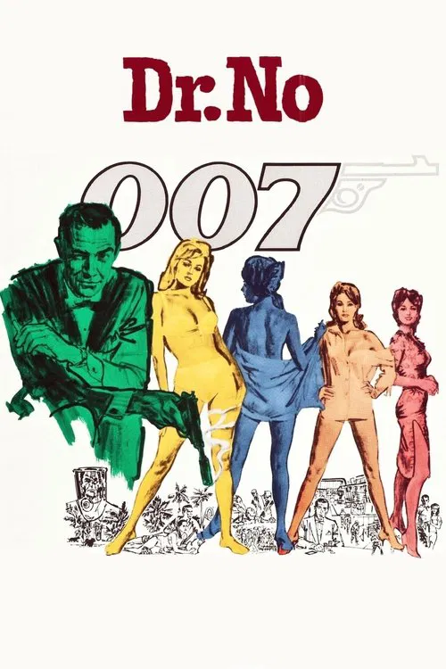 This movie poster for "Dr. No" features a man in a sharp suit holding a telescope, surrounded by surreal, cartoonish elements like a robot with a shark mouth, a woman in a bikini, and a man in a tank top. The vibrant colors and exaggerated characters create a whimsical, comedic atmosphere.
