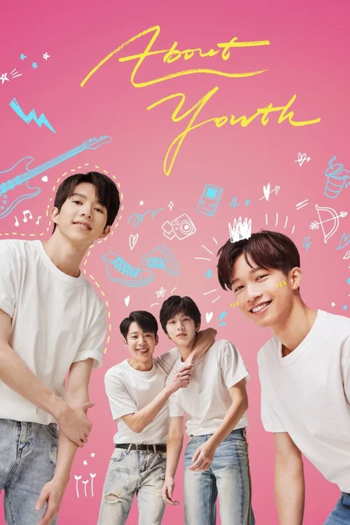 This vibrant poster features four young men in white t-shirts against a bright pink background, exuding youthful energy and camaraderie. The playful, hand-drawn style and cheerful colors evoke a sense of fun and nostalgia, capturing the essence of a modern youth group.