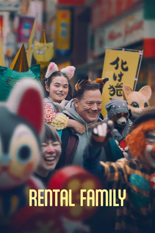 The poster features a group of five characters sitting on a train, with a cityscape backdrop. The warm tones of their clothing and the soft lighting create a cozy, intimate atmosphere. The title "Rental Family" is prominently displayed at the bottom, suggesting themes of shared experiences and fa...