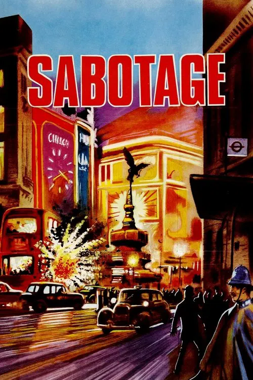 This vibrant movie poster captures the essence of "Sabotage" with its dynamic street scene. The poster features a bustling cityscape with people walking and driving, set against a backdrop of colorful buildings illuminated by neon lights. The overall mood is lively and energetic, reflecting the f...