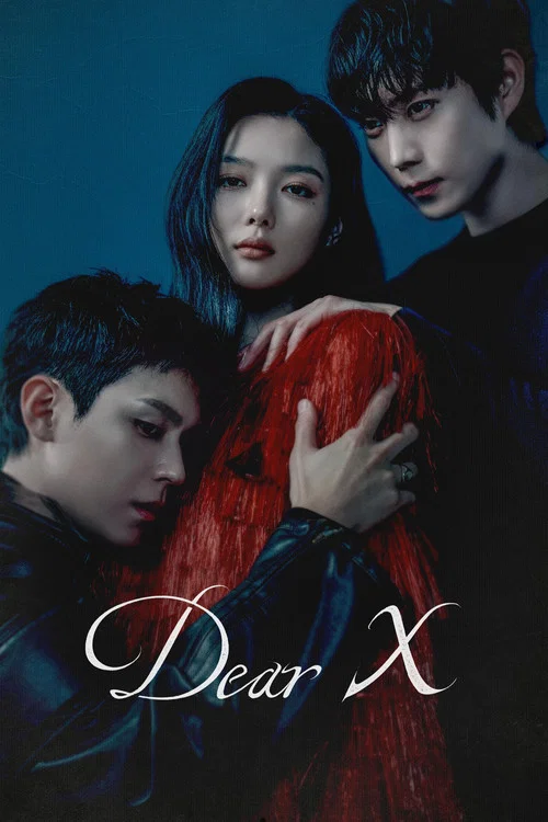 The poster features a mysterious woman with dark hair and intense eyes, her expression conveying mystery and intrigue. The background is dominated by deep red tones, creating a dramatic and atmospheric mood. The text "Dear X" is elegantly written in white, adding a touch of sophistication and int...