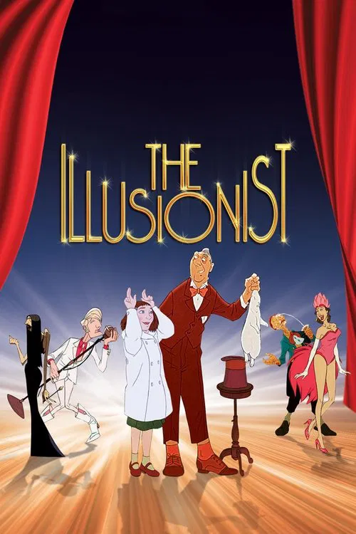 The Illusionist poster features a vibrant, colorful scene with characters in period costumes performing magic. The warm tones of the stage floor contrast with the deep blue background, creating a magical atmosphere. Red curtains frame the image, adding drama and emphasizing the illusion theme.