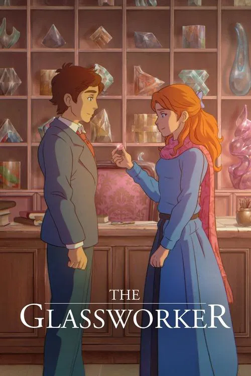 The poster features a romantic scene between a man and woman in a vintage glass shop. Warm lighting highlights their faces, creating an intimate atmosphere. The man wears a gray suit, while the woman dons a blue dress with red accents. Their expressions convey a sense of connection and mutual und...