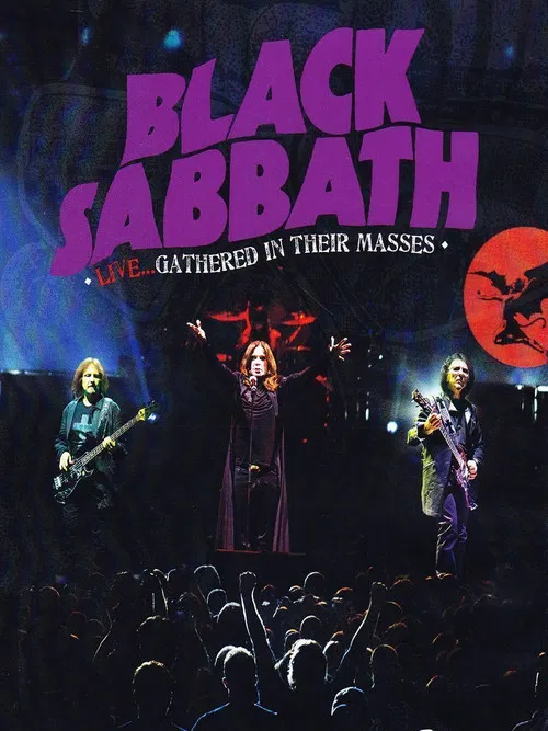 The poster features three band members performing on stage with dramatic lighting and a red moon in the background, evoking a powerful, intense atmosphere. The bold purple text "BLACK SABBATH" dominates the top, while silhouettes of an audience below add depth to the scene.