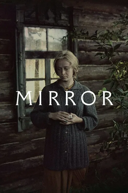The poster features a woman with blonde hair standing in front of a rustic wooden house, holding a small object. The muted, earthy tones and shadowy atmosphere evoke a sense of mystery and nostalgia.