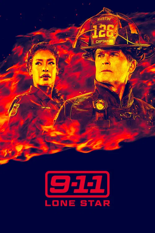 The poster features two firefighters in dark uniforms against a fiery background, with the number "9-1-1" prominently displayed. The intense red and orange flames create a dramatic and urgent atmosphere, emphasizing the show's theme of emergency response.