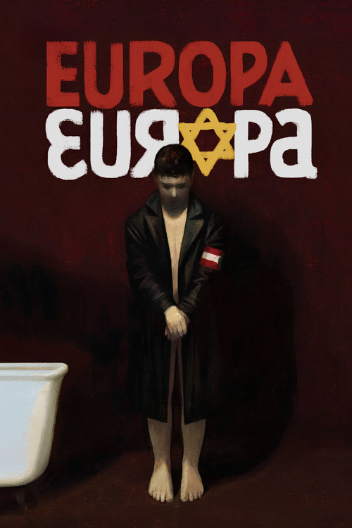 The poster features a striking black-and-white portrait of a young man with a contemplative expression, set against a dark, moody background. The bold, white typography of "EUROPA EUROPA" dominates the lower section, conveying a sense of drama and intrigue. The overall composition evokes a classi...