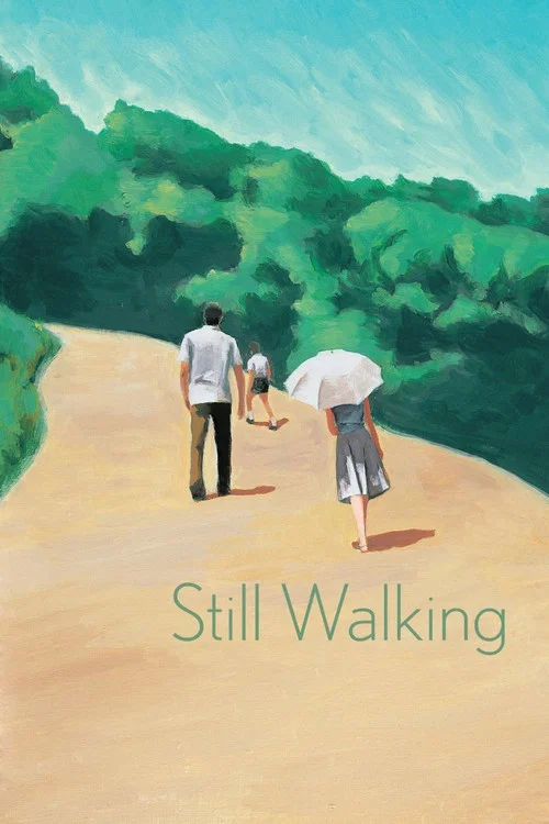 The poster features a family of four walking along a sun-dappled path, with the woman holding an umbrella and the man beside her. The lush greenery and warm sunlight create a serene, nostalgic atmosphere, evoking a sense of timeless connection and gentle movement.