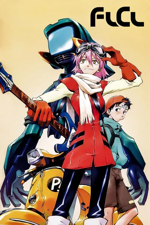 The poster features a dynamic anime-style scene with three characters: a girl in a red jacket and helmet, a boy in a green jacket, and a man in a blue outfit. The vibrant colors of red, green, and blue create a lively atmosphere, while the bold "FLCL" logo at the top suggests the show's energetic...