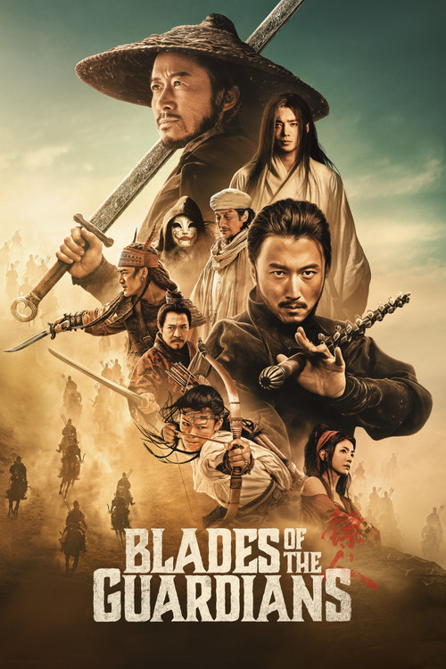 This movie poster depicts a dramatic desert scene with a group of rugged warriors in traditional attire, exuding a sense of camaraderie and resilience. The warm, earthy tones of the desert background, combined with the dark, moody lighting, create a gritty and intense atmosphere. The title "Blade...