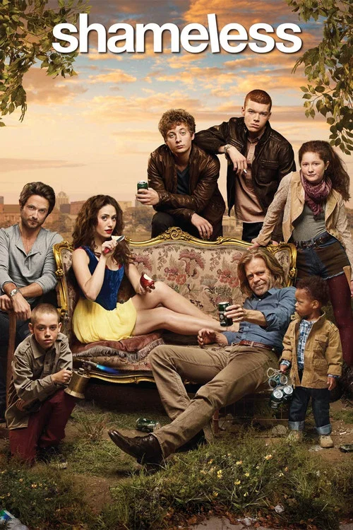 The poster captures a chaotic scene with a man in a casual outfit surrounded by energetic, expressive people. Warm tones dominate the image, creating a lively and spirited atmosphere. The title "Shameless" is prominently displayed in bold blue letters, emphasizing the show's gritty and rebellious...