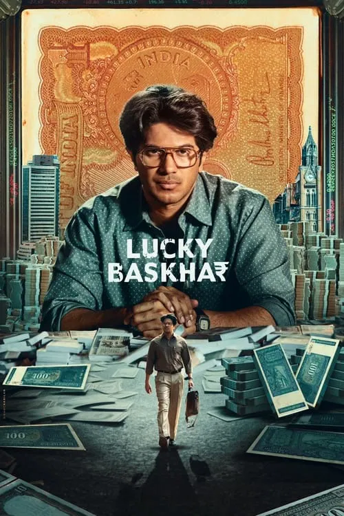 The poster features a man with glasses and a serious expression, surrounded by a vibrant, golden background. A small figure stands on the table, adding a sense of scale and intrigue. The warm colors and dramatic lighting create an intriguing and mysterious atmosphere.
