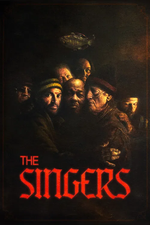 The poster features a group of mysterious figures in dimly lit, moody tones, suggesting a supernatural or horror theme. The red title text stands out against the dark background, creating a striking contrast. The overall atmosphere is eerie and suspenseful, hinting at a thrilling tale of intrigue...