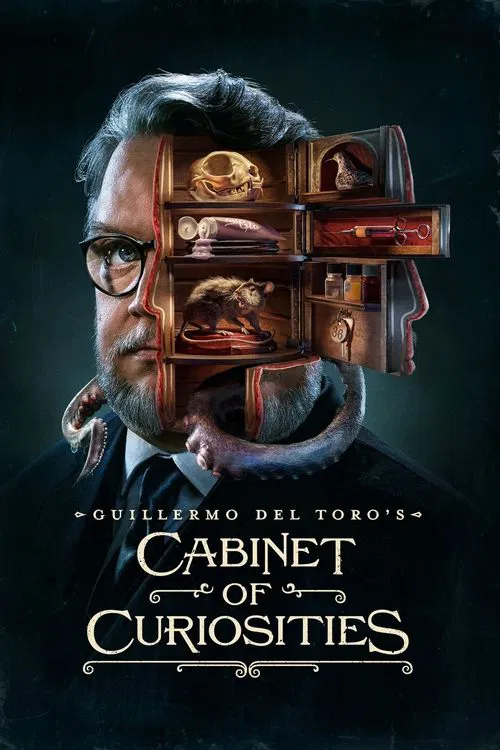 The poster features a mysterious man with a steampunk aesthetic, his face partially obscured by intricate, glowing mechanical structures. The dark, moody background enhances the eerie and intriguing atmosphere, while the title "Cabinet of Curiosities" in elegant script adds a sense of classic mys...