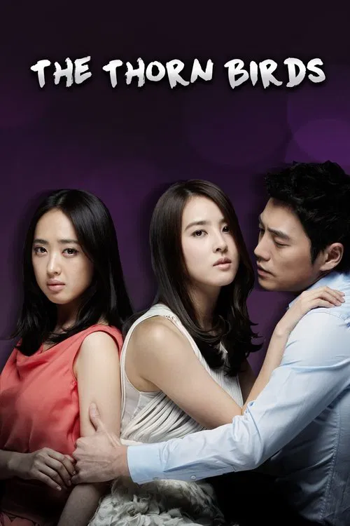 The poster features three characters in a dramatic pose against a dark purple background, with the title "THE THORN BIRDS" prominently displayed at the top. The mood is mysterious and intense, suggesting a supernatural or thriller genre.