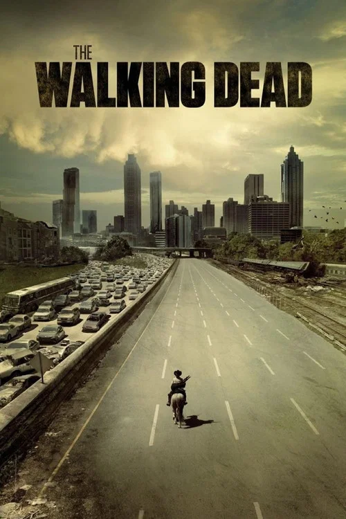 The poster features a lone figure riding a motorcycle down a deserted highway, symbolizing isolation and survival. The muted, desaturated colors evoke a somber, dystopian atmosphere. The city skyline in the background adds to the sense of urban decay and impending danger.