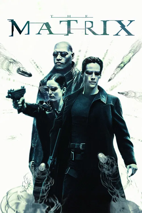 The poster features four characters in a moody, dystopian setting with muted tones and shadows. The central figure in a black trench coat commands attention, while others stand in the background, adding depth and intrigue. The title "MATRIX" glows in blue against the dark backdrop, evoking myster...