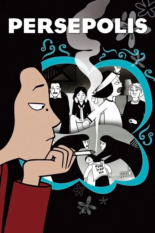 The poster features a stylized, cartoonish illustration of a man in a red jacket, with a circular frame around him containing a collage of people in various poses and expressions. The colors are muted—blacks, whites, and a striking teal outline against a dark background. The mood is mysterious an...