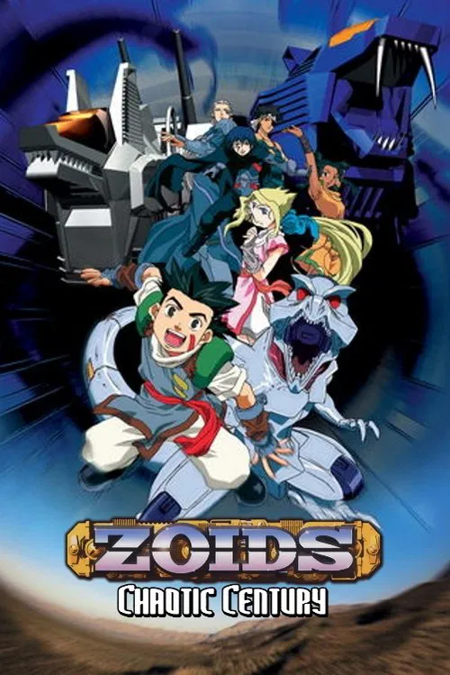 The poster features vibrant characters in dynamic poses against a dramatic backdrop of space and futuristic structures. The colors are vivid, with blues, purples, and greens dominating the scene. The mood is energetic and adventurous, capturing the essence of the Zoids universe.