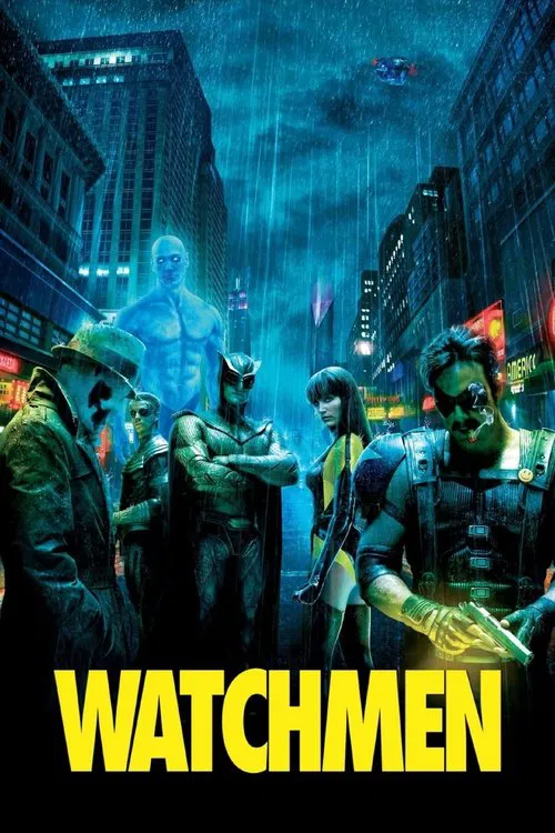 The poster features four characters against a dark, moody background with glowing blue eyes. The title "WATCHMEN" is prominently displayed in bold yellow letters. The mood is mysterious and intense, hinting at a high-stakes action thriller.