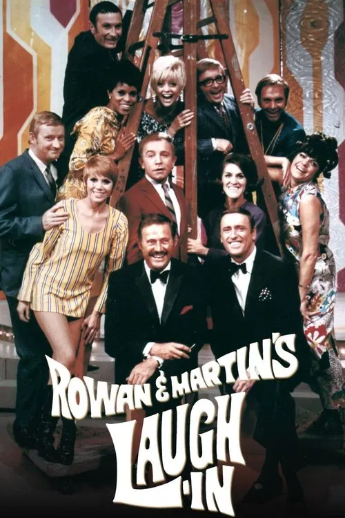 This vibrant poster captures the lively spirit of "Rowan & Martin's Laugh-In" with a dynamic group of characters in colorful attire. The warm, golden lighting enhances the cheerful and fun atmosphere, while the playful fonts and energetic poses reflect the show's comedic essence.