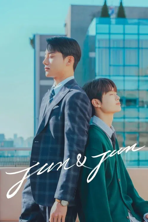 Two young men stand back-to-back against a modern city skyline, exuding a cool, nostalgic vibe. The man on the left wears a plaid suit, while the man on the right dons a vibrant green jacket. The soft, dreamy lighting enhances their youthful charm, capturing the essence of a timeless summer moment.