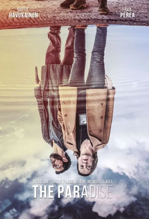 The poster depicts two people hanging upside down from a wooden beam above a serene sky filled with soft clouds. Warm tones blend with cool blues, creating a dreamy, ethereal mood that suggests a surreal or magical setting.