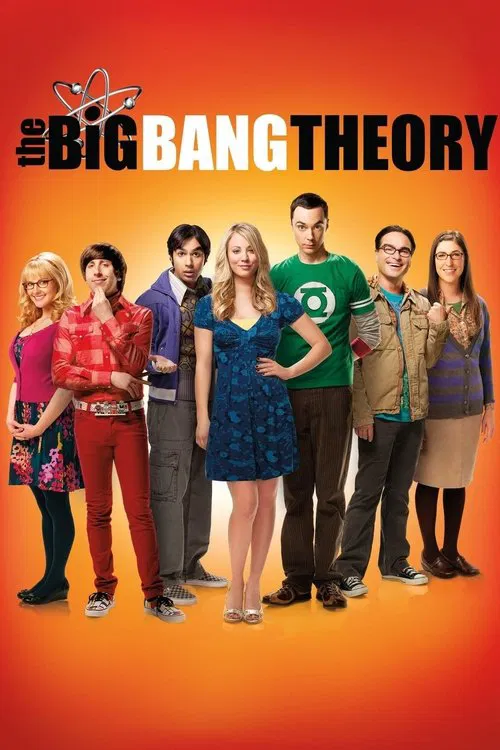 This vibrant poster features the iconic cast of "The Big Bang Theory" lounging on a brown sofa against a cheerful blue background. The warm, inviting colors and relaxed poses evoke a fun, family-friendly atmosphere that captures the show's comedic essence.