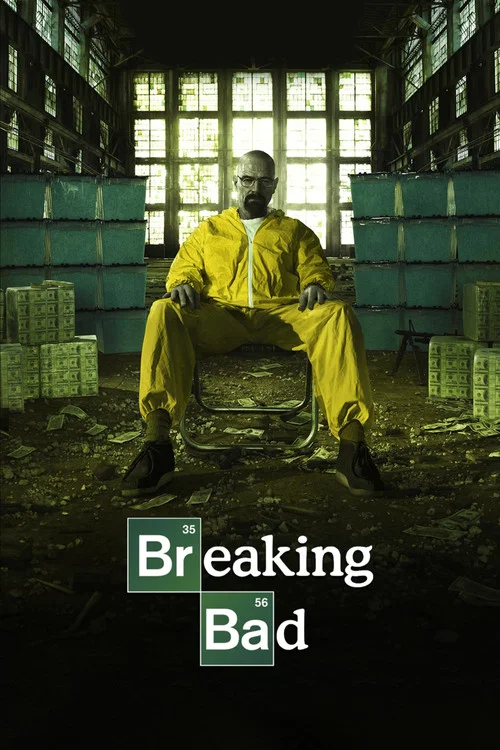 The poster features a man in a bright yellow jumpsuit sitting on a concrete ledge, surrounded by stacks of crates. The scene is dimly lit with harsh sunlight streaming through high windows, creating dramatic shadows and a gritty atmosphere. The title "Breaking Bad" appears in bold white letters a...