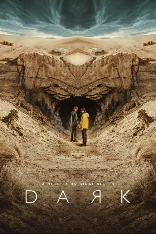 The poster features a surreal, kaleidoscopic design with a central figure in a yellow jacket standing against a dark, mysterious background. The colors are predominantly dark with hints of yellow and blue, creating a mysterious and eerie atmosphere. The word "Dark" is prominently displayed at the...