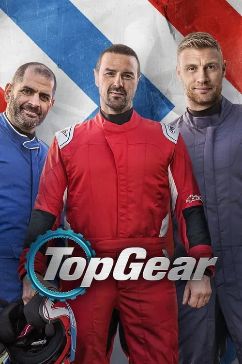 Three men in racing suits stand against a backdrop of the UK flag. The central figure wears a red suit, while others are in blue and grey. The poster conveys a sense of adventure and camaraderie, with a cool, professional mood.