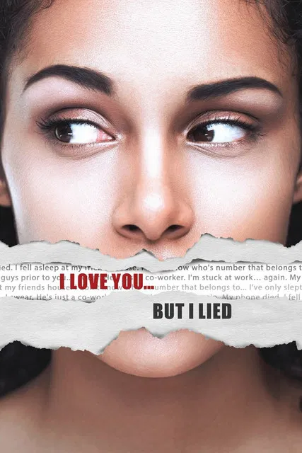 The poster features a close-up of a woman's face with her eyes gazing upward, conveying a sense of longing and mystery. The torn paper effect adds a dramatic, nostalgic feel, while the red text "I LOVE YOU..." stands out against the muted tones of the background. The overall mood is romantic yet ...