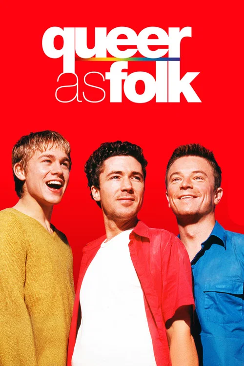 Three young men stand against a blue sky, exuding a casual and relaxed vibe. Their casual clothing and relaxed expressions suggest a fun, unfiltered atmosphere. The poster conveys a sense of camaraderie and humor, inviting viewers to explore the show's themes of queer identity and social dynamics.