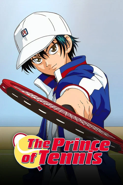 This vibrant poster features a dynamic scene with tennis players in motion, set against a bold red background. The title "The Prince of Tennis" glows in gold, while a young tennis player with green hair dominates the foreground. The composition captures the energy and excitement of competitive te...