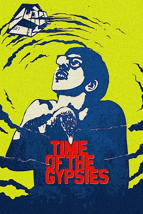 The poster features a stylized figure with a goatee and tie, set against a vibrant yellow background. The title "Time of the Gypsies" is prominently displayed in bold red letters. The overall mood is mysterious and slightly ominous, with swirling lines and a sense of impending danger.