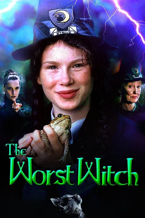 The poster features a cheerful young witch in a black hat, with a spooky castle and haunted figures in the background. The dark blue and purple hues create a mysterious, eerie atmosphere, while the bright yellow title contrasts sharply with the darker elements.
