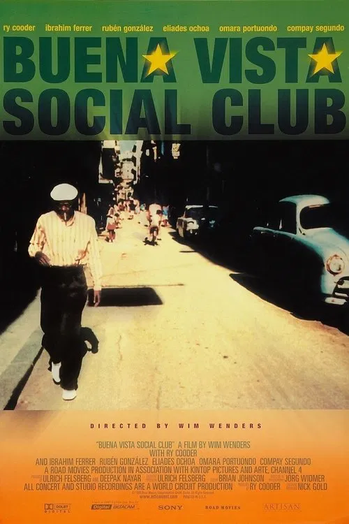 The poster features a man in a white hat walking down a sunlit street, evoking a nostalgic, vibrant atmosphere. The warm yellow and orange tones suggest a lively, sun-drenched setting, while the green background hints at the film's tropical theme.