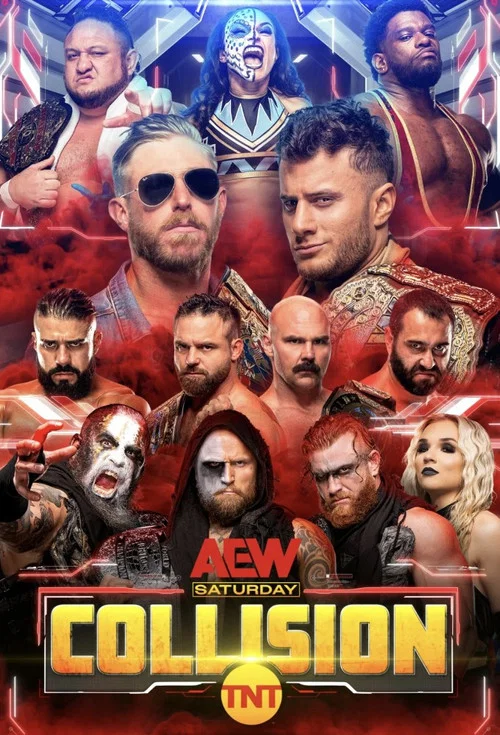 The poster features a collage of WWE wrestlers in dramatic poses against a fiery red background, with the title "All Elite Wrestling: Collision" prominently displayed in bold yellow letters. The intense expressions and dynamic groupings evoke a sense of high-stakes drama and excitement.